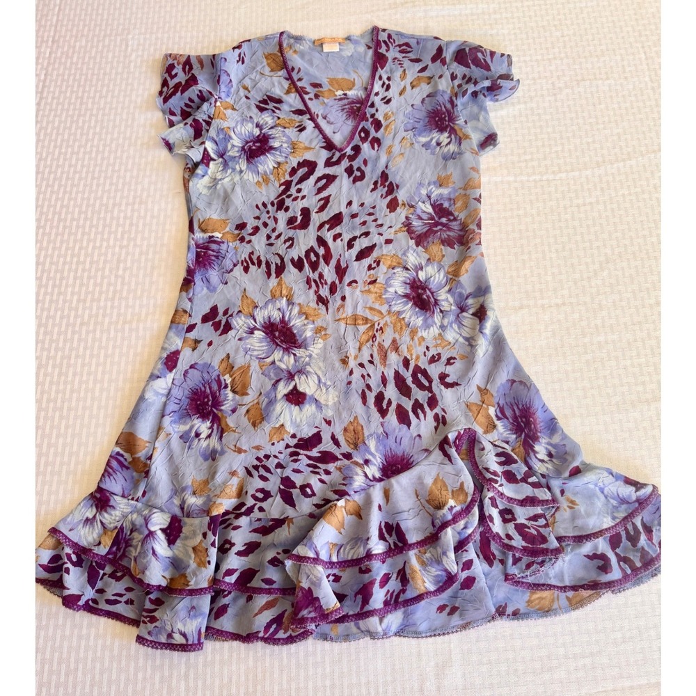 Sensara Vintage Y2K Purple Floral Animal Print Ruffle Mini Dress Medium V-Neck